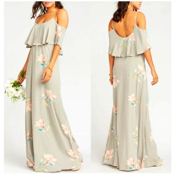 Show Me Your Mumu Caitlin Ruffle Maxi Dress in Lily Showers Gray Floral Size XS - Picture 1 of 13